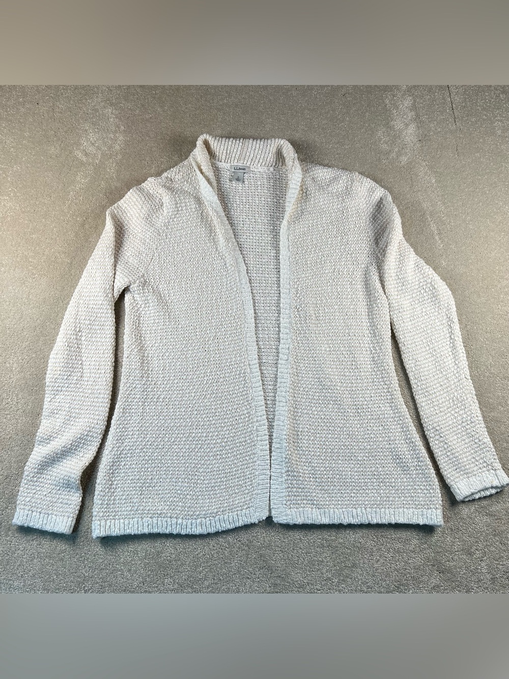 LL Bean Sweater Cardigan Cream Open Front Knit Cotton Linen Women's Small